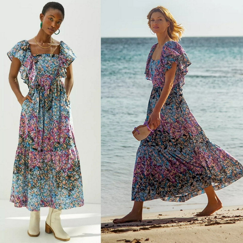 Anthropologie Floral Maxi Dress - Blue and Pink
